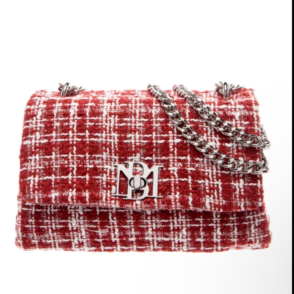 Badgley Mischka Red and White Tweed Crossbody Bag